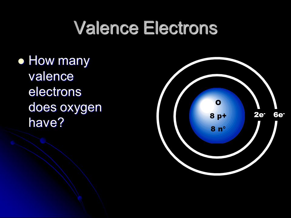 Valence Electrons How many valence electrons does oxygen have O 8 p+