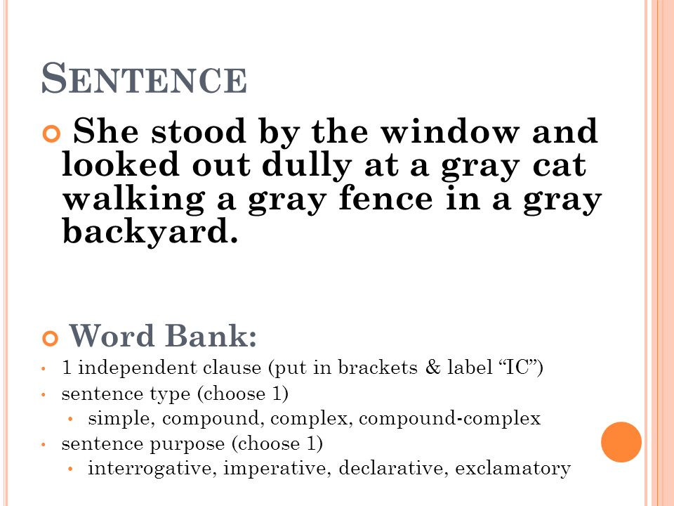 Sentence She stood by the window and looked out dully at a gray cat walking a gray fence in a gray backyard.