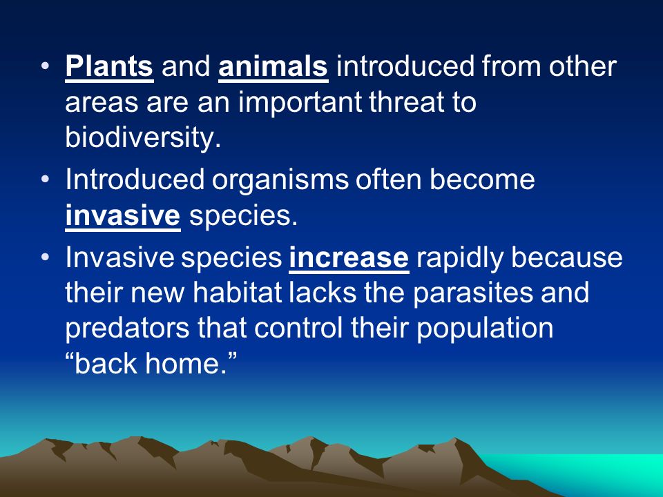 Plants and animals introduced from other areas are an important threat to biodiversity.