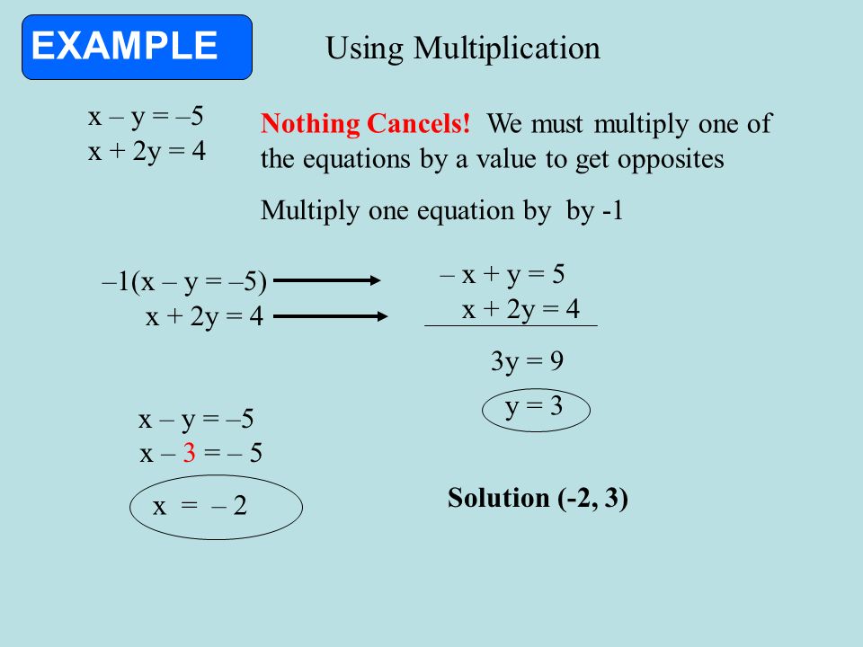 EXAMPLE Using Multiplication x – y = –5 x + 2y = 4