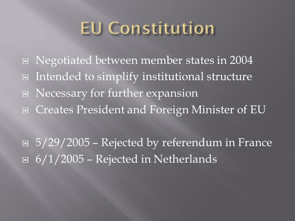 EU Constitution Negotiated between member states in 2004