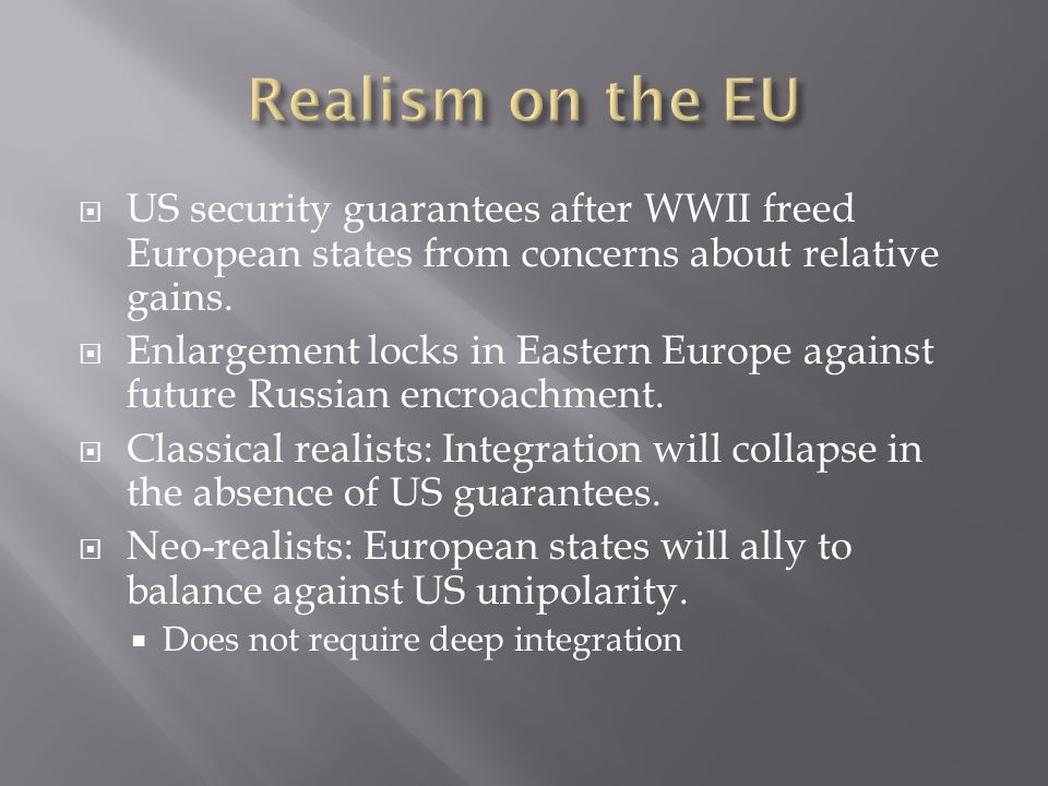 Realism on the EU US security guarantees after WWII freed European states from concerns about relative gains.