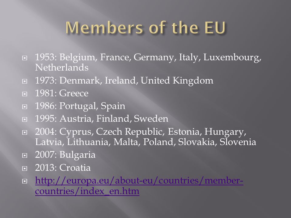 Members of the EU 1953: Belgium, France, Germany, Italy, Luxembourg, Netherlands. 1973: Denmark, Ireland, United Kingdom.