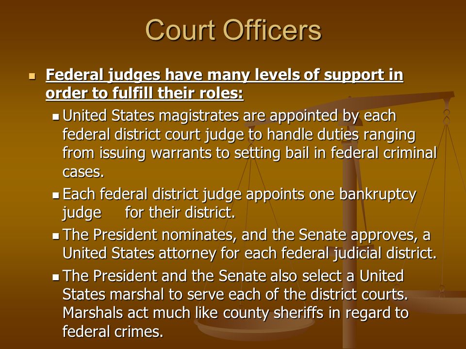 Court Officers Federal judges have many levels of support in order to fulfill their roles: