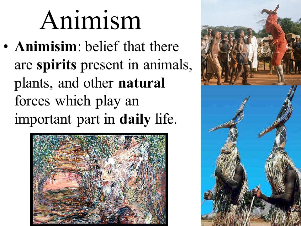 Animism Animisim: belief that there are spirits present in animals, plants, and other natural forces which play an important part in daily life.