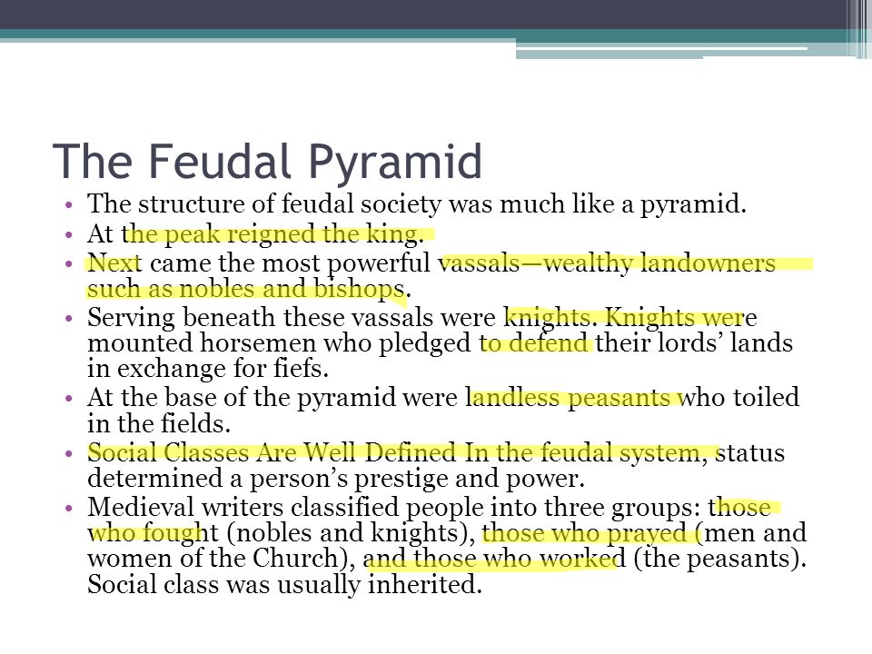 The Feudal Pyramid The structure of feudal society was much like a pyramid. At the peak reigned the king.