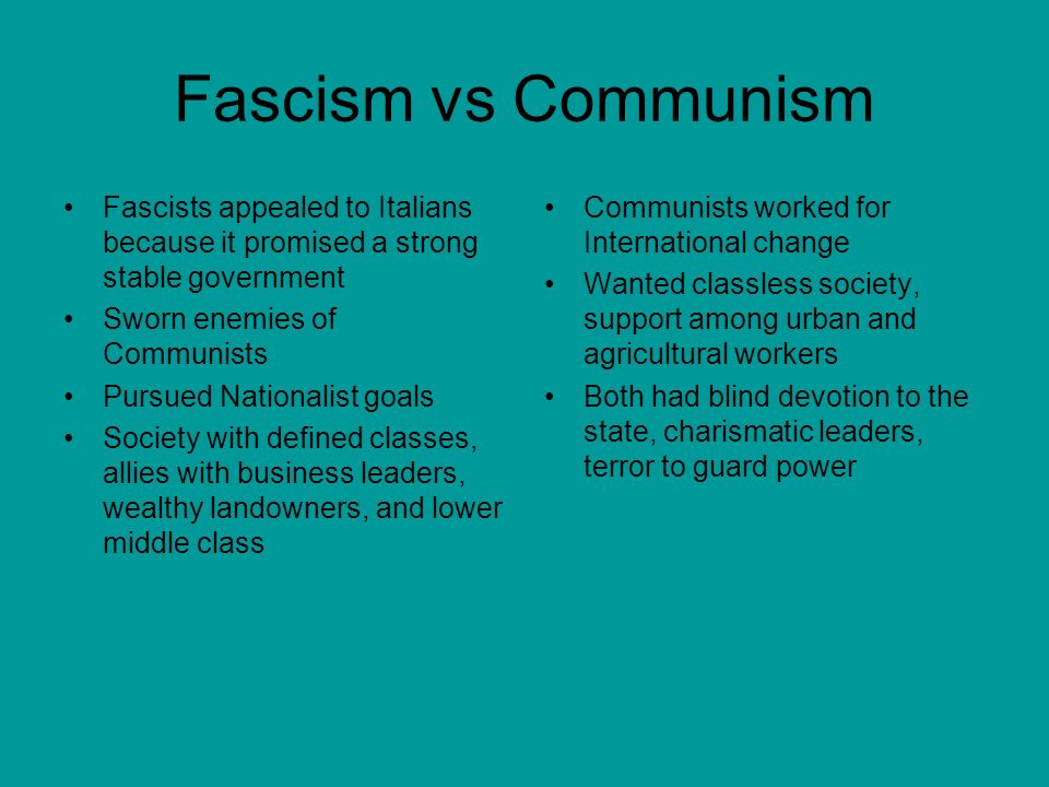 Fascism vs Communism Fascists appealed to Italians because it promised a strong stable government. Sworn enemies of Communists.