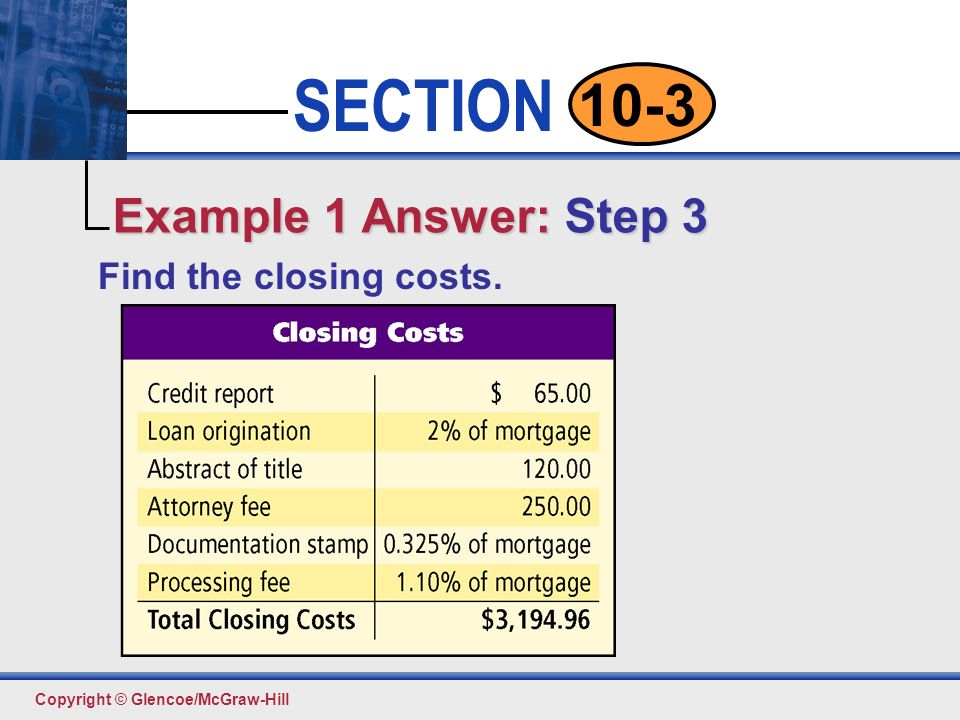 Example 1 Answer: Step 3 Find the closing costs.