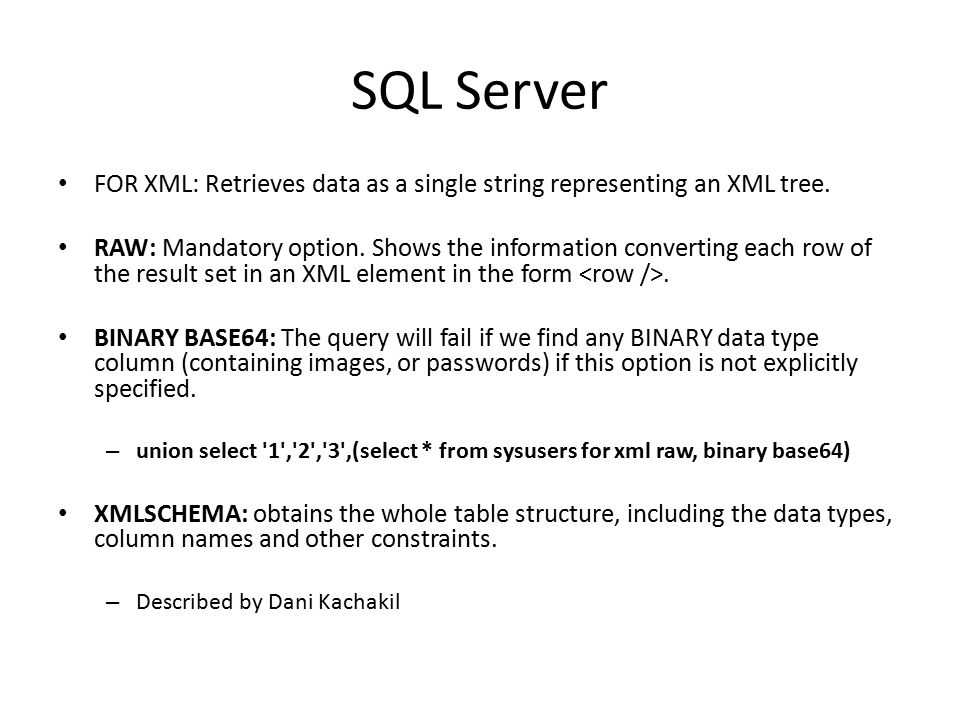 SQL Server FOR XML: Retrieves data as a single string representing an XML tree.