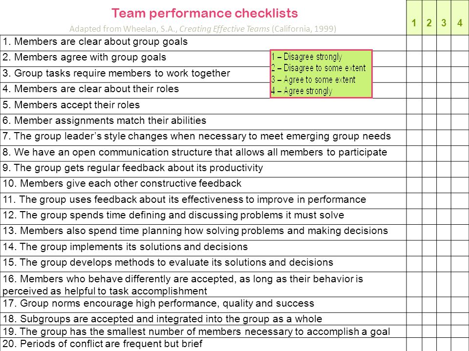 Team performance checklists