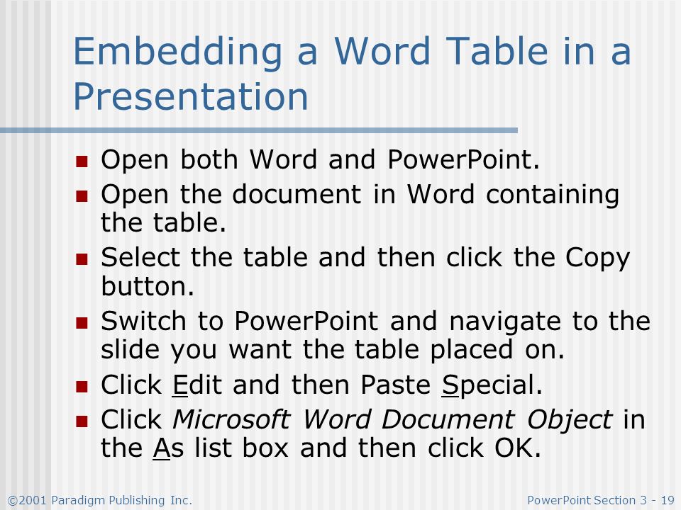 Embedding a Word Table in a Presentation