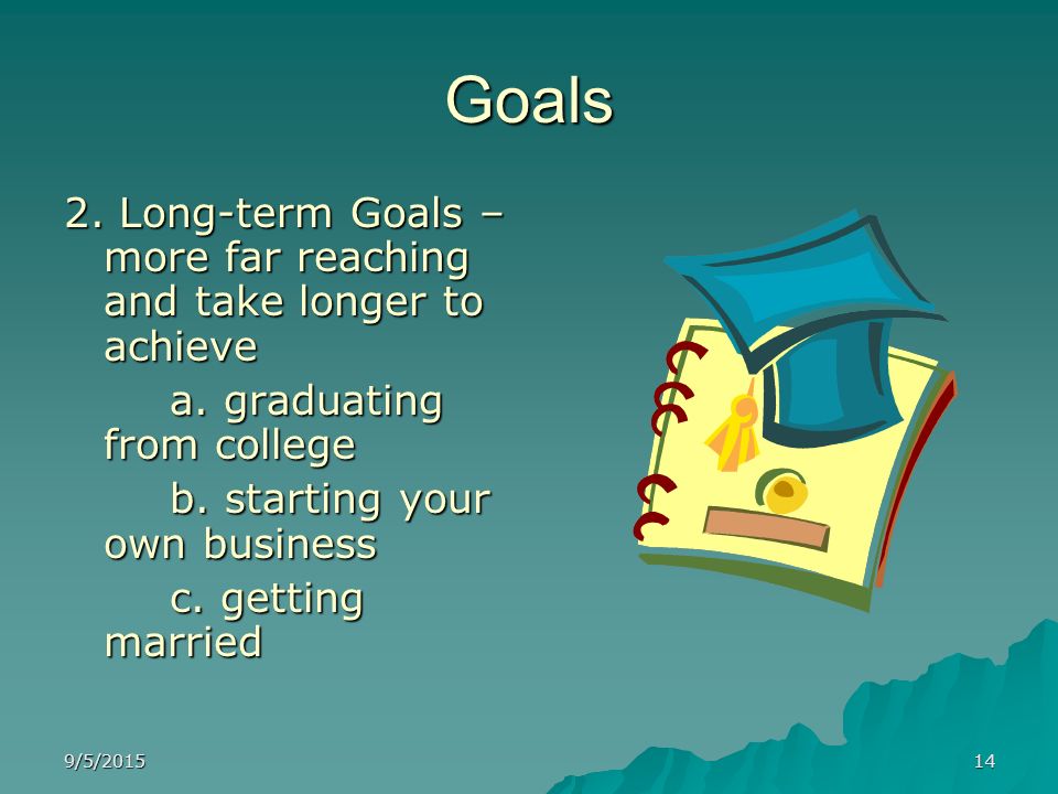 Goals 2. Long-term Goals – more far reaching and take longer to achieve. a. graduating from college.