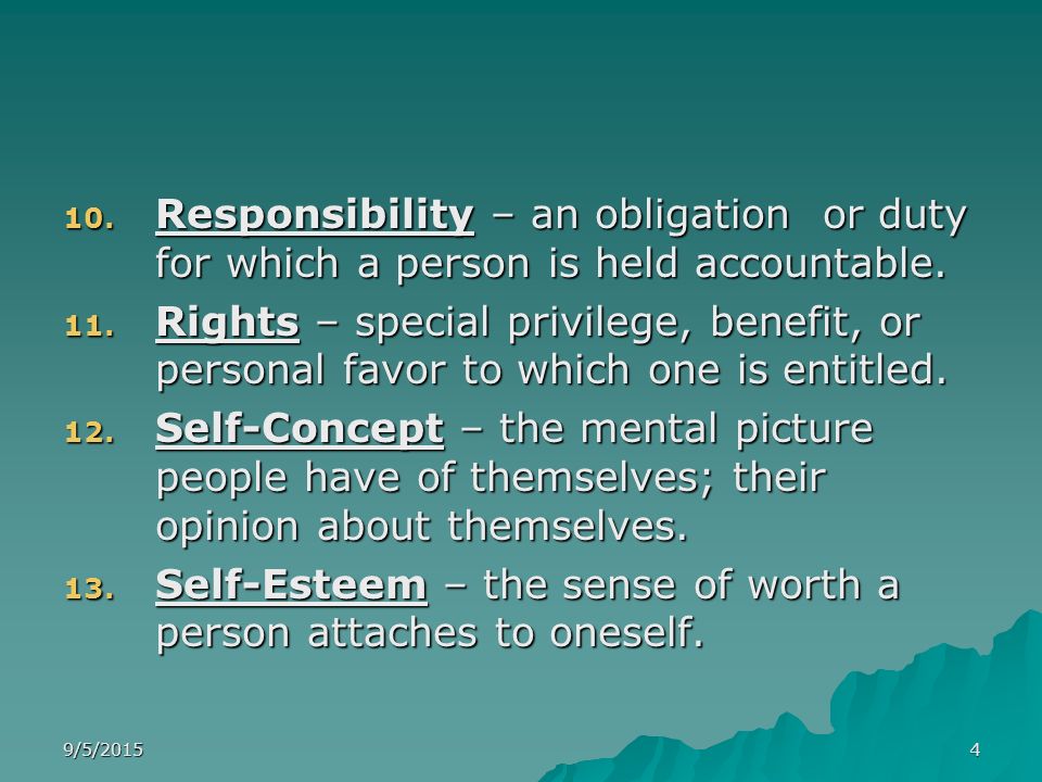 Self-Esteem – the sense of worth a person attaches to oneself.