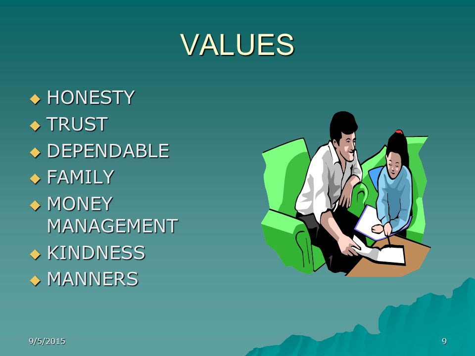 VALUES HONESTY TRUST DEPENDABLE FAMILY MONEY MANAGEMENT KINDNESS