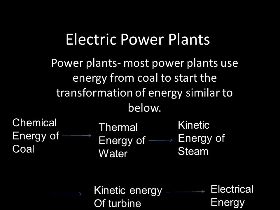 Electric Power Plants Power plants- most power plants use energy from coal to start the transformation of energy similar to below.