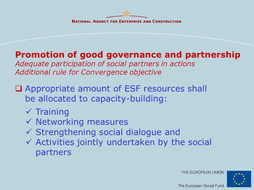 Promotion of good governance and partnership Adequate participation of social partners in actions Additional rule for Convergence objective
