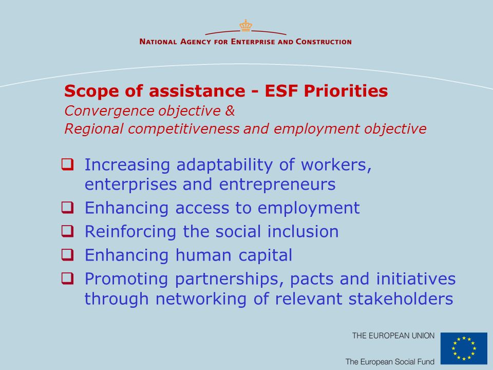 Scope of assistance - ESF Priorities Convergence objective & Regional competitiveness and employment objective
