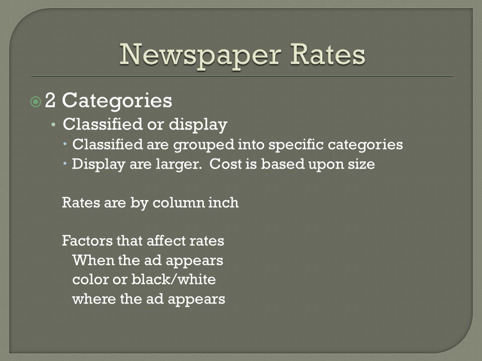 Newspaper Rates 2 Categories Classified or display