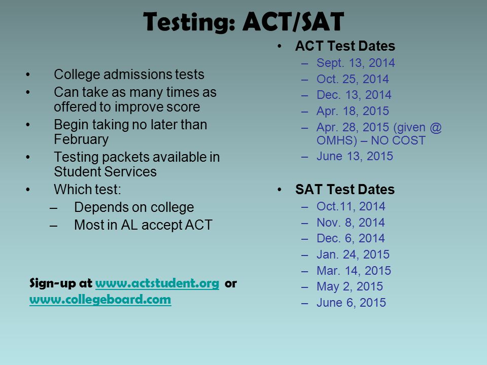 Testing: ACT/SAT ACT Test Dates College admissions tests