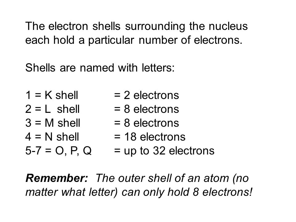 The electron shells surrounding the nucleus each hold a particular number of electrons.