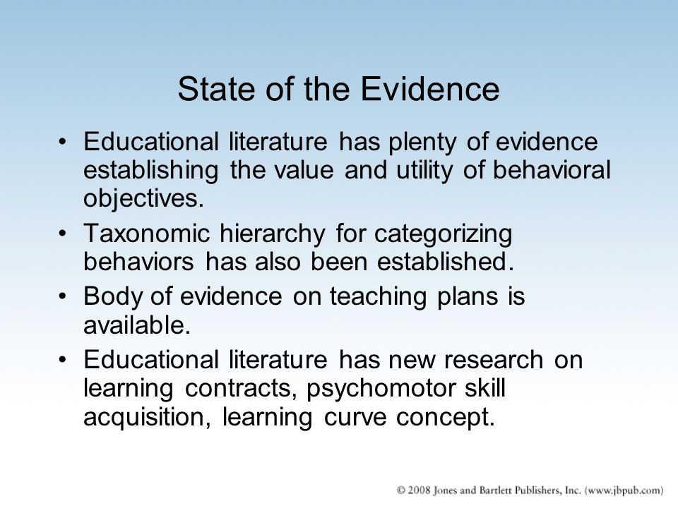 State of the Evidence Educational literature has plenty of evidence establishing the value and utility of behavioral objectives.