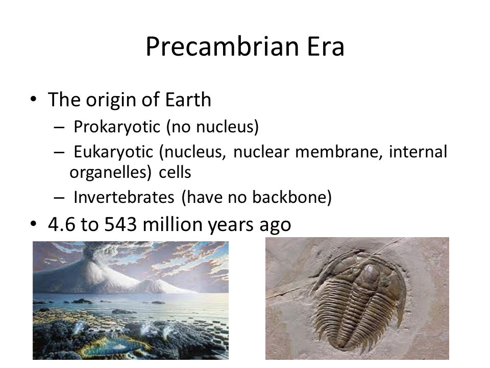 Precambrian Era The origin of Earth 4.6 to 543 million years ago