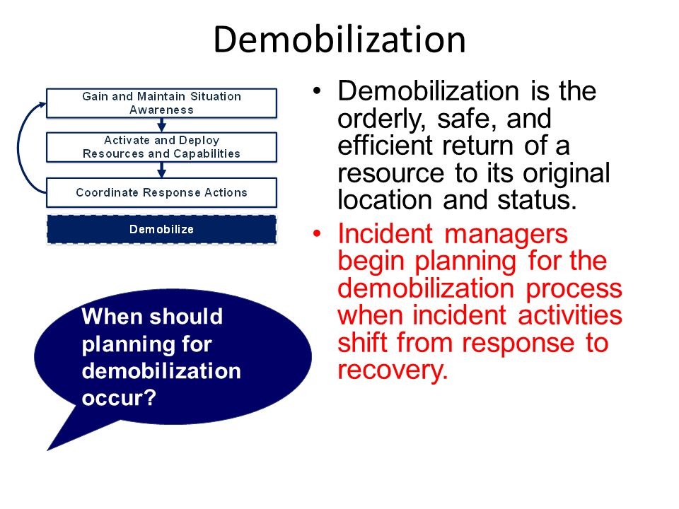 Demobilization Demobilization is the orderly, safe, and efficient return of a resource to its original location and status.