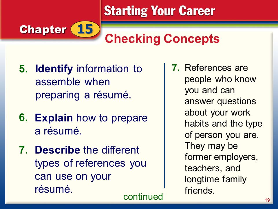 Checking Concepts 5. Identify information to assemble when preparing a résumé.