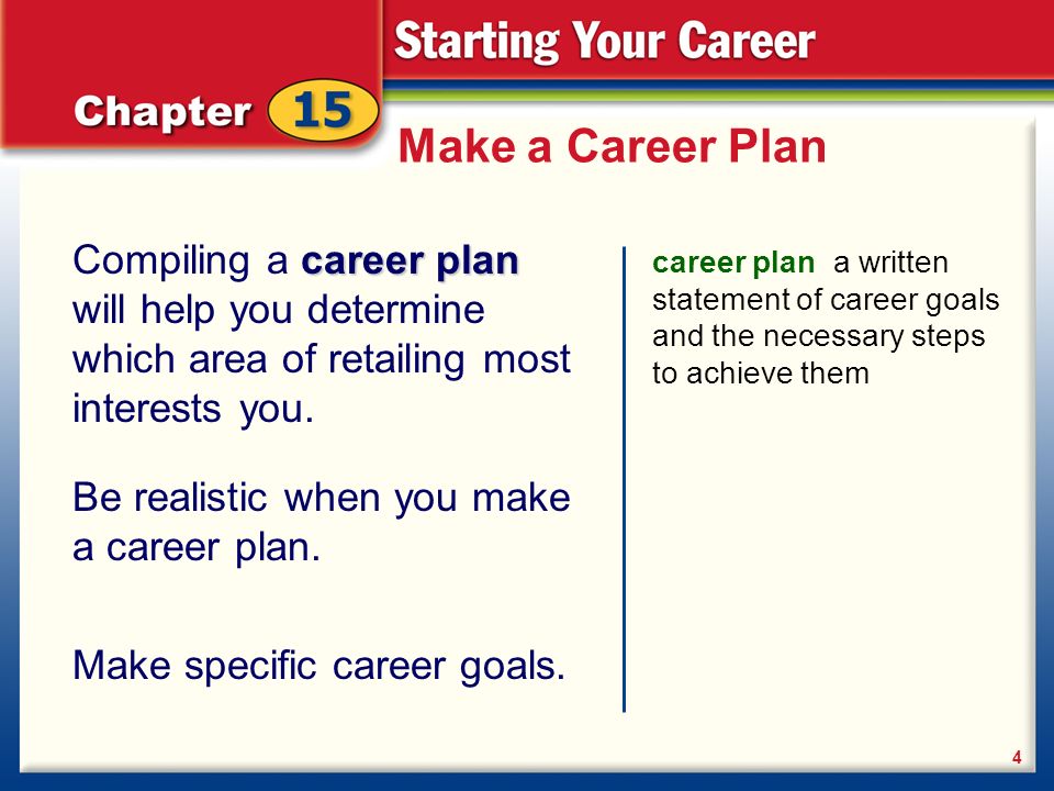 Make a Career Plan Compiling a career plan will help you determine which area of retailing most interests you.