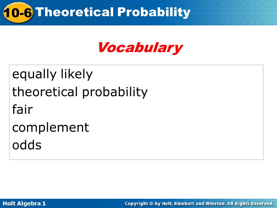 Vocabulary equally likely theoretical probability fair complement odds