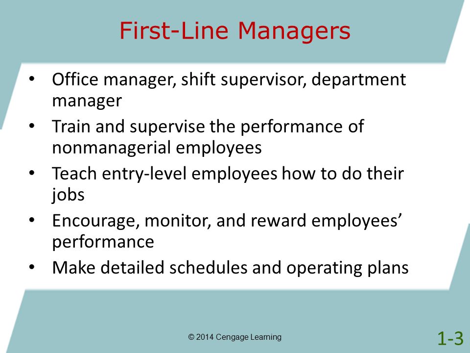 First-Line Managers Office manager, shift supervisor, department manager. Train and supervise the performance of nonmanagerial employees.