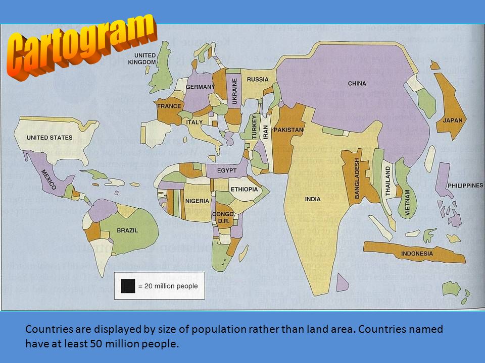 Cartogram Countries are displayed by size of population rather than land area.