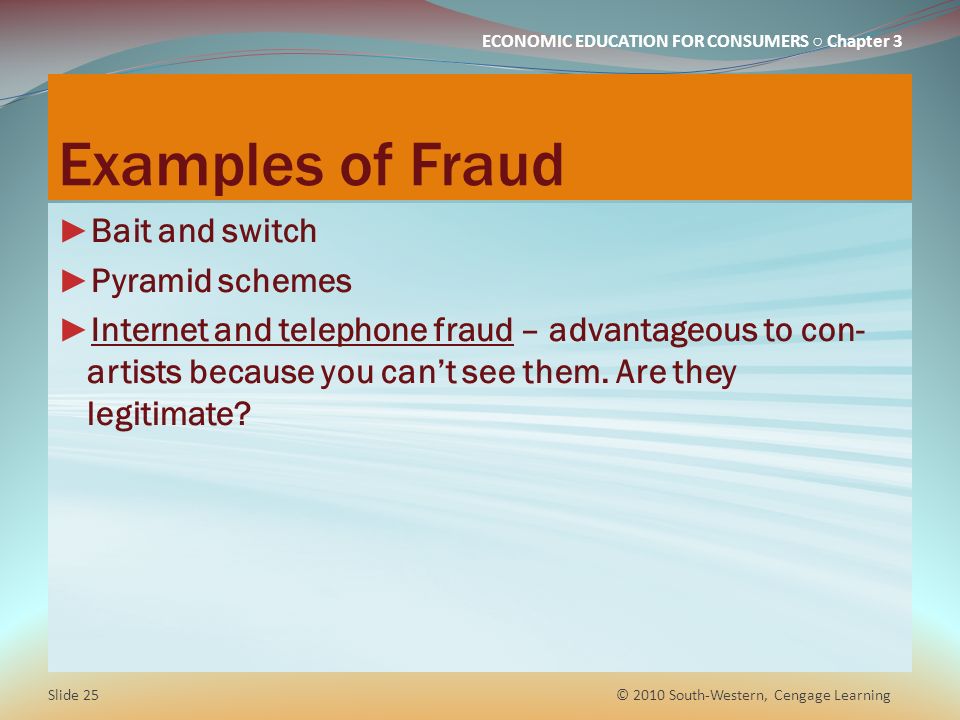 Examples of Fraud Bait and switch Pyramid schemes