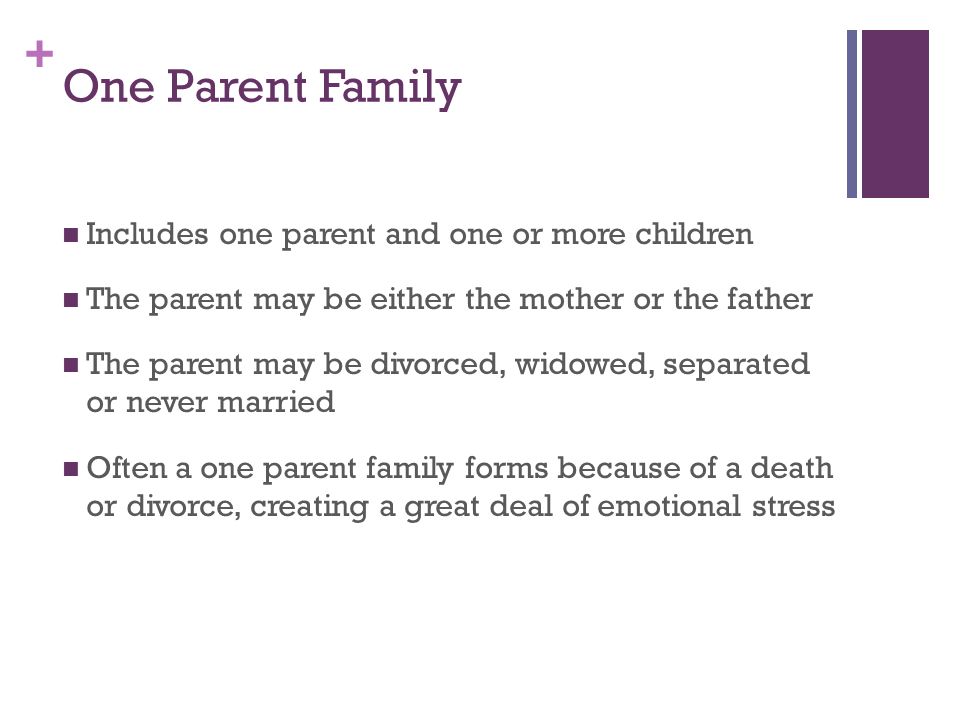 One Parent Family Includes one parent and one or more children