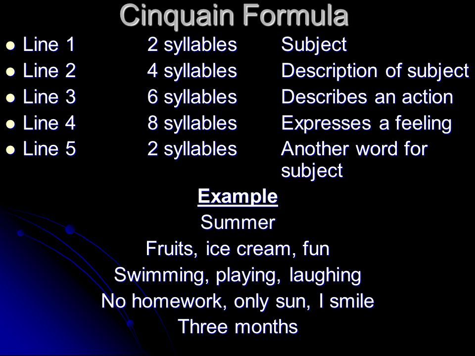 Cinquain Formula Line 1 2 syllables Subject