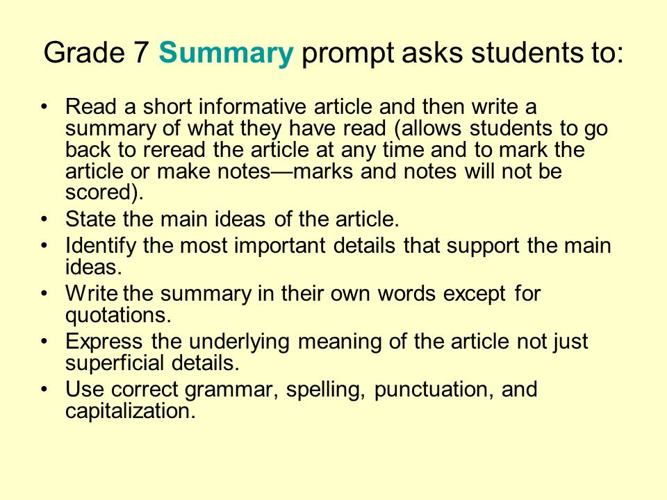 Grade 7 Summary prompt asks students to: