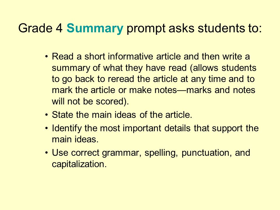 Grade 4 Summary prompt asks students to: