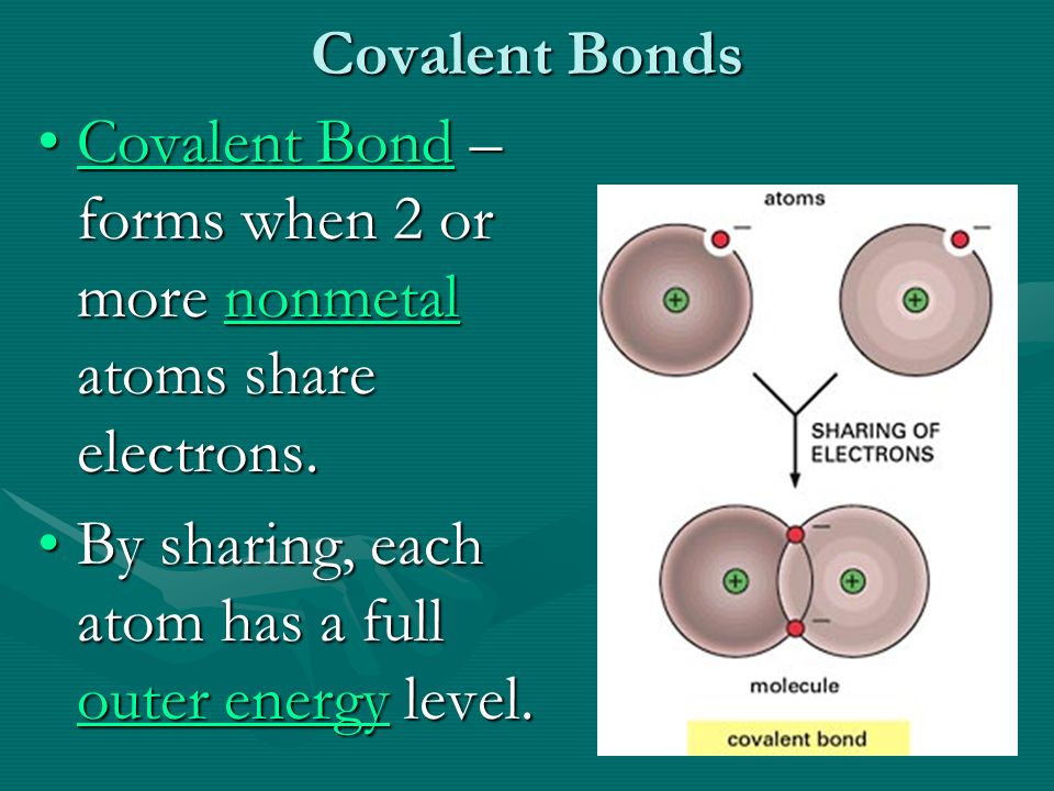Covalent Bonds Covalent Bond – forms when 2 or more nonmetal atoms share electrons.