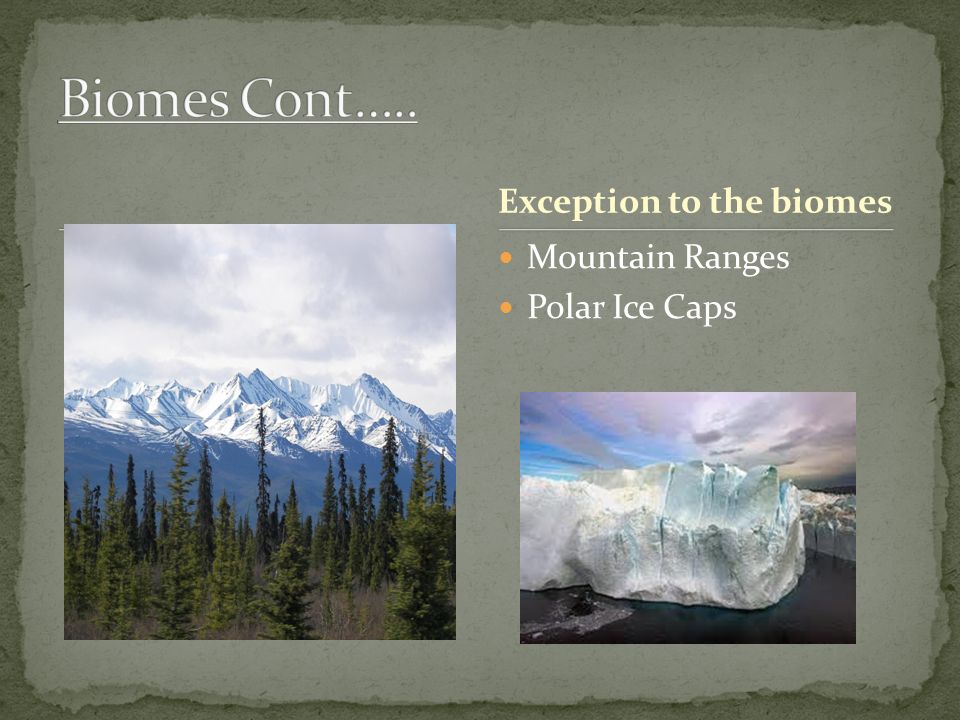 Biomes Cont….. Exception to the biomes Mountain Ranges Polar Ice Caps