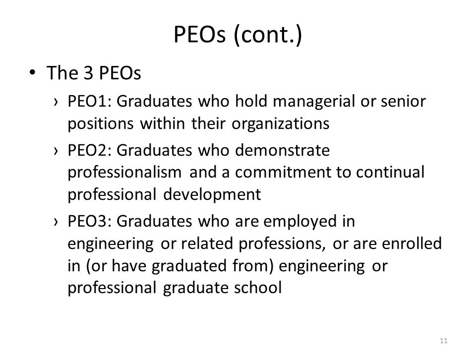 PEOs (cont.) The 3 PEOs. PEO1: Graduates who hold managerial or senior positions within their organizations.