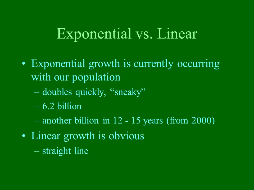 Exponential vs. Linear Exponential growth is currently occurring with our population. doubles quickly, sneaky