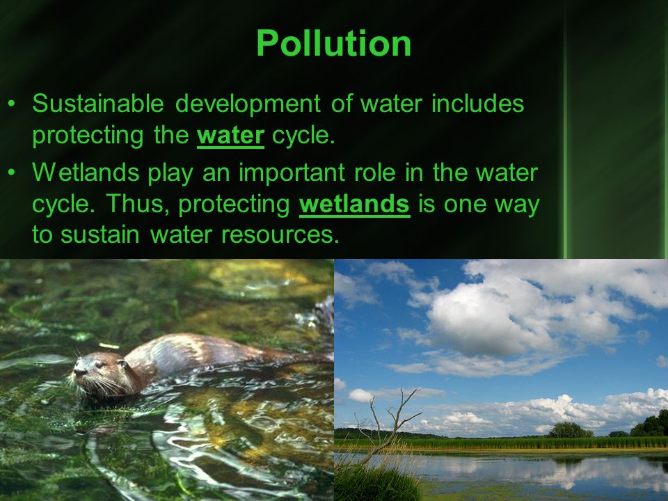 Pollution Sustainable development of water includes protecting the water cycle.