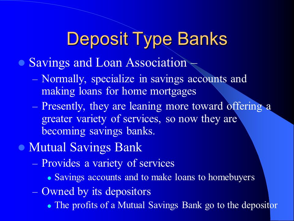 Deposit Type Banks Savings and Loan Association – Mutual Savings Bank
