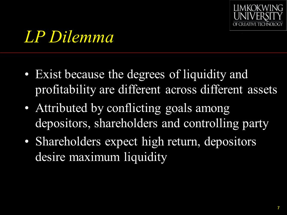 LP Dilemma Exist because the degrees of liquidity and profitability are different across different assets.