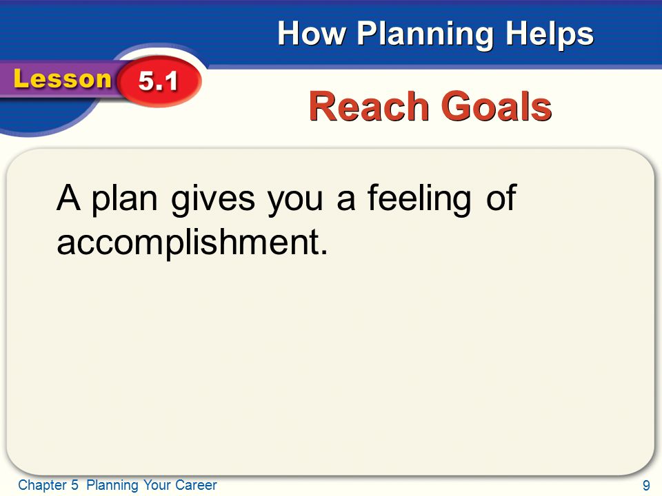 Reach Goals A plan gives you a feeling of accomplishment.