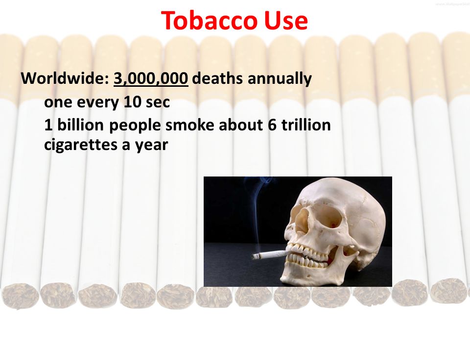 Tobacco Use Worldwide: 3,000,000 deaths annually one every 10 sec
