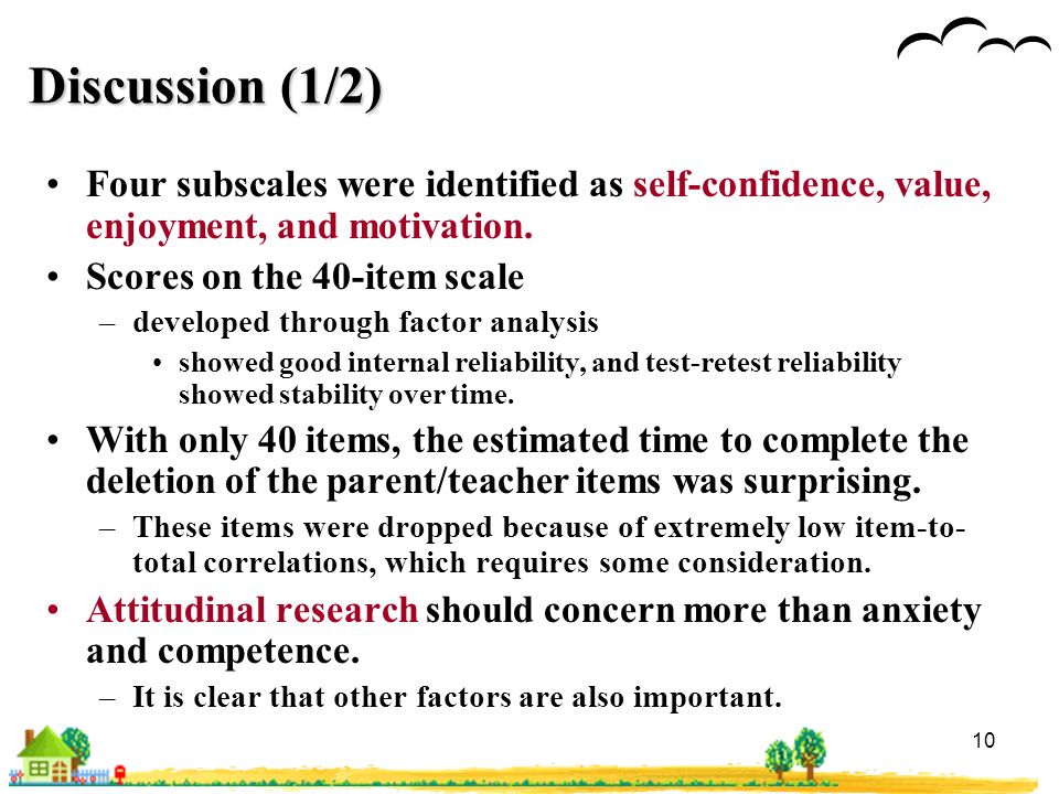 Discussion (1/2) Four subscales were identified as self-confidence, value, enjoyment, and motivation.