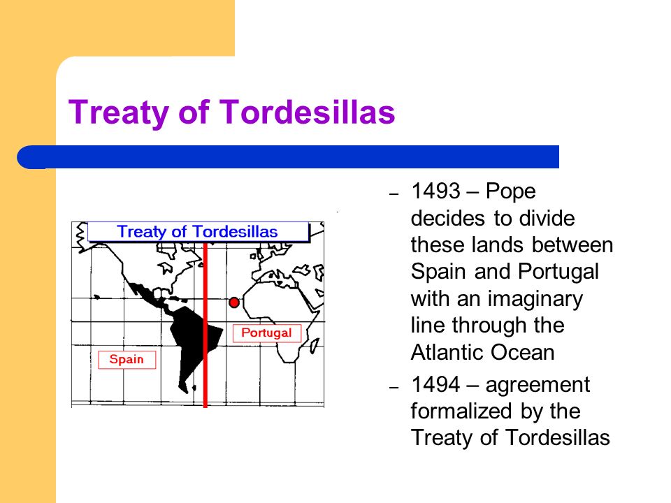 Treaty of Tordesillas 1493 – Pope decides to divide these lands between Spain and Portugal with an imaginary line through the Atlantic Ocean.