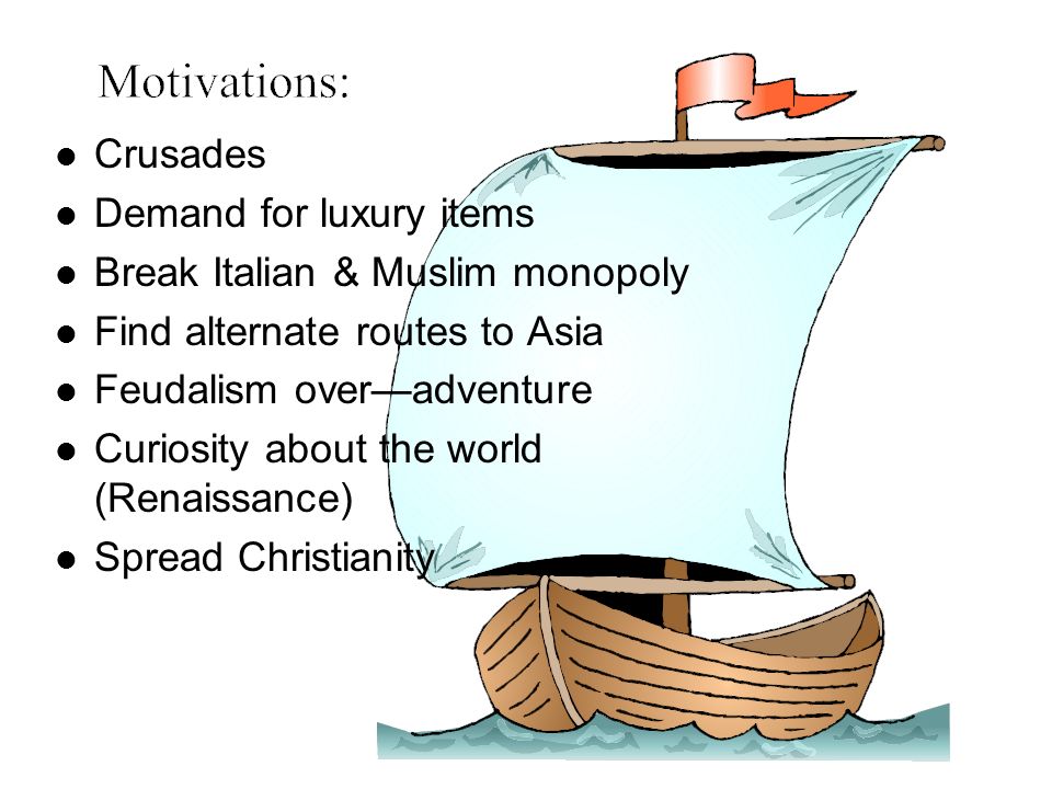 Crusades Demand for luxury items. Break Italian & Muslim monopoly. Find alternate routes to Asia.