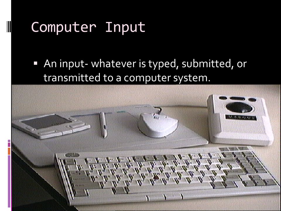 Computer Input An input- whatever is typed, submitted, or transmitted to a computer system.